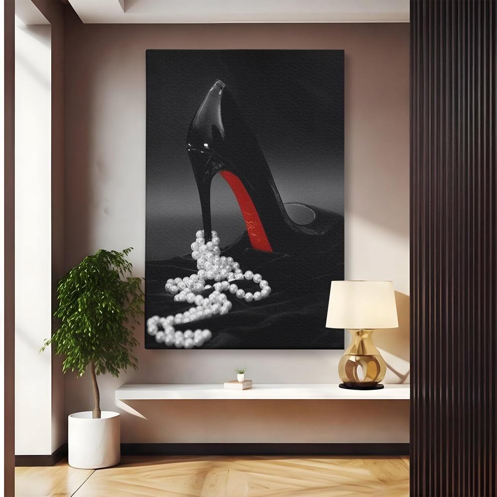 Tablou canvas cu tablou canvas cu pantof si perle, fara rama, pe sasiu de lemn